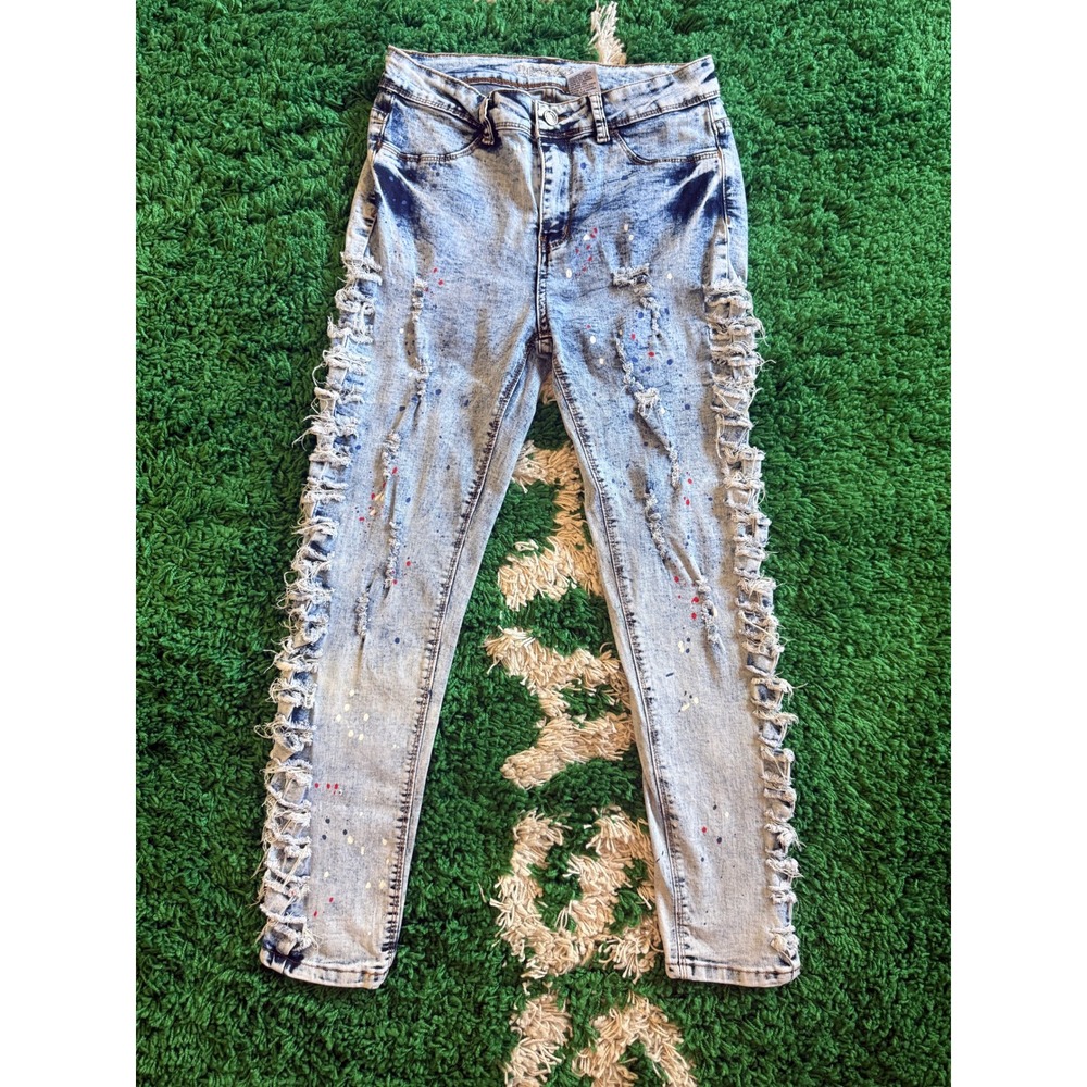 Pink Label Distressed Acid Wash Skinny Jeans Paint Splatter Side Shredded SIZE 7